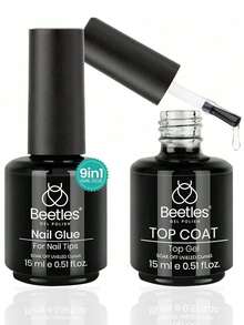 Beetles 2件組 15ML 9合1凝膠指甲油與免擦頂層封層組，適用於指甲尖端與指甲接長的UV凝膠，透明可浸泡卸除 UV LED 高光澤飾面 - 2PCS 15ML Nail Glue Gel & No Wipe Top Coat Kit - 查看 9