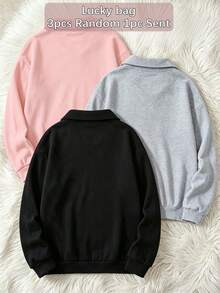 [Random 3pcs Send 1pc] Y2K Vintage Teen Girls Half-Zip Sweatshirt, Shiny Hand Gesture Print Soft Autumn/Winter Streetwear Top - Grey - View 2