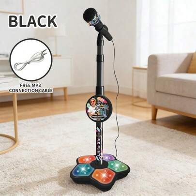 crófono recargable para niños adecuado para niñas y niños de 6 años en adelante, juguete para fiesta de cumpleaños. Soporte ajustable se adapta a diferentes alturas. Base con forma de estrella con luces LED de colores. Viene con cable de conexión MP3, se convierte instantáneamente en un pequeño escenario doméstico