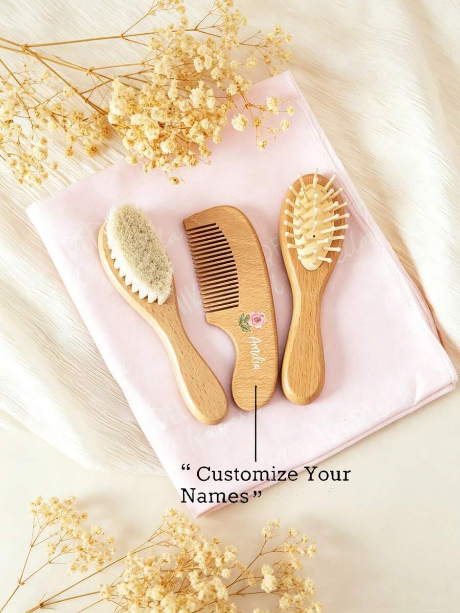 Custom Personalized Wooden Hairbrush Set, Custom Engraved Keepsake, Shower Gift Idea , Unisex Wooden Hair Brush And Comb Set - Multicolor - View 1