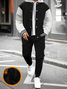 2pcs/Set Boys' Casual Outdoor Colorblock Commuter Comfortable Jacket And Sweatpants - Black - View 1
