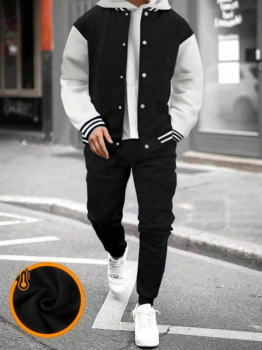 2pcs/Set Boys' Casual Outdoor Colorblock Commuter Comfortable Jacket And Sweatpants - Black - View 1