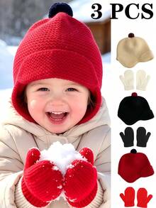 3PCS 0-4Y Ear-Protective Knitted Hat & Gloves Set, Solid Color Cute Pom Pom Baby Toddler Woolen Warm Hat - 3PCS - View 1