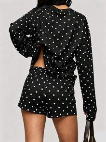 Autumn Polka Dot 2-Piece Set Long Sleeve Top And Elastic Waist Shorts - Black - View 7
