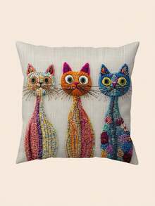 1pc Faux Embroidery Colorful Cat Pillowcase With 3 Cute Kittens Pattern, Suitable For Pet Lovers, Sofa, Bedroom, Home Decor (Pillow Insert Not Included) - Multicolor - View 4