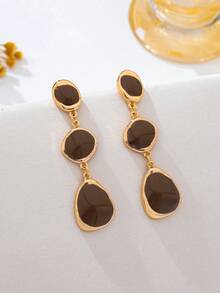 1 Pair French Vintage Oil-Drip Geometric Long Earrings For Women, Elegant Elegant Earrings, Versatile Accessories For Daily Commute, Date, Party And Banquet - Coffee Brown - View 3