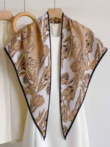 1pc 88*136*64cm Sketch Tulip Flower Print Triangle Scarf, Thin Imitation Silk, Multi-Purpose Scarf, All Seasons Suitable For Daily Outing & Party - Multicolor - View 9
