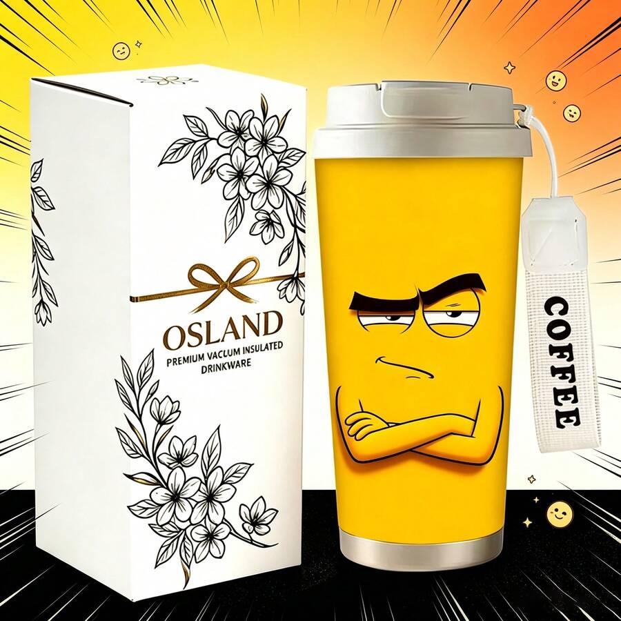 1/5 pièces Gobelet à café en acier inoxydable 18oz, Tasse de voyage avec impression de visage de mème aux bras croisés grincheux sur fond jaune, Couvercle à paille multifonction, Sangle de cou en argent COFFEE, Cadeau idéal pour les amateurs de mèmes et les amis sarcastiques, Convient pour le bureau quotidien - Mème tsundere - Voir 1