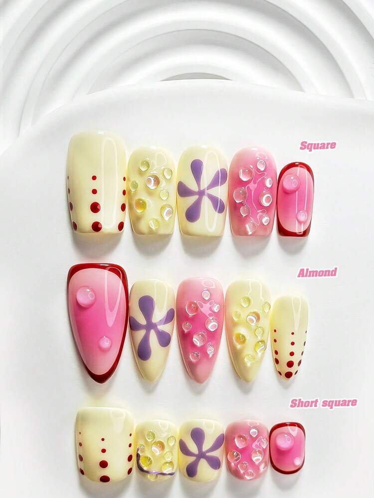 10pcs Y2K Sweet Girl Style Handmade Press-On Nails, Polka Dot Rhinestone Pattern, White & Pink Nail Polish, Gentle Minimalist Style, Includes Nail Tools, 3 Sizes Available, Square/Short Square/Almond Shape, Suitable For Party, Dancing, Daily Wear - Multicolor - View 1