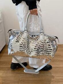 New Fashion Travel Bag, Solid Color Minimalist Niche Design With Sequins, Stylish And Cool, Suitable For Short Trips And Fitness, With Independent Shoe Compartment, Large Capacity, Versatile And Exquisite - Silver - View 8