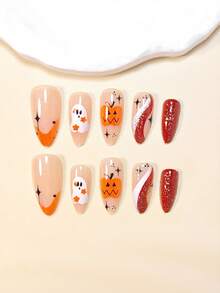 24pcs Almond Shape Halloween Press-On False Nails, Elegant Glitter Orange Pumpkin, White Ghost, Red & White Line French Full Coverage Fake Nails Set, Includes Jelly Glue And Mini Nail File, Suitable For Women And Girls Daily Wear, Party, Shopping, Dating, DIY, Jelly Glue Randomly Sent - Multicolor - View 3