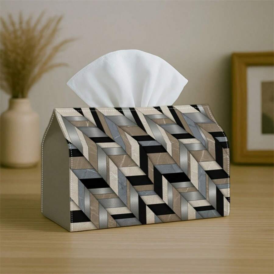 1pc Modern Geometric Metal Texture Tissue Box Cover, Striped Gray Silver Black Structural Design, High Quality, Durable, Lightweight, Foldable Storage, Suitable For Living Room And Dining Room Decor, Kitchen, Bathroom, Bedroom, Bathroom Accessories | Toilet Paper Storage