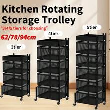 Kitchen Rotating Storage Trolley Cart, 360° Swivel Utility Vegetable Fruit Mobile Shelf Rack With Magnetic Top Tray & Lockable Wheels, 3/4/5 Tier Black Metal Mesh Organiser - 黑色 - 查看 4