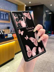1 buah Casing Ponsel Fashion Android Bahan TPU Murni Motif Kupu-kupu Merah Muda dengan Elemen Huruf dan Pola Tebal, Anti Jatuh, Anti Sidik Jari, Motif Pasir Berlian Hitam, Kompatibel dengan /Transsion/HONOR/ - Hitam - View 3