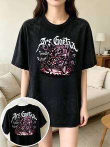 Unisex Oversized Black Vintage Washed-Effect T-Shirt, Featuring "Ars Goetia" Text And A Hidden Magic Book Print Depicting Forbidden Spells, Designed - 黑色 - 查看 4