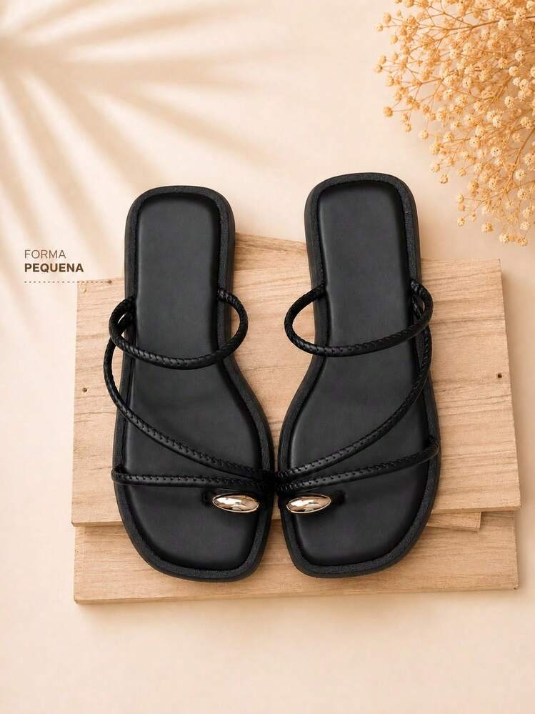 Women's Sandals With Detail On The Little Toe Casual Elegant ABS Women's Flat Summer - Black - View 2