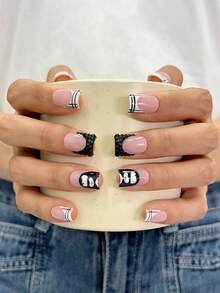 10pcs/Set Y2K Nails Handmade, Pink Nails, French Tip Nails, Black Rhinestone Nails & Stripe Nails, Cute Nails, Perfect For Parties & Daily Wear. Short Square Nails. Handmade Press On Nails Square, Fake Nails, Acrylic Nail, Short Nails, Handmade Nails - Multicolor - View 2
