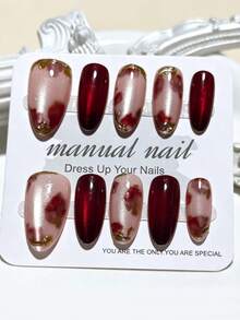 10pcs Oval-Shaped Gold Rimmed Ombre Floral Nail Art Stickers, Fashionable And Exquisite, Easily Create Nail Art Designs, Add Romantic Flair To Fashionable Girl's Fingertips, Showcase Bold Style. Suitable For Parties, Galas And Daily Wear, An Excellent Gift For Ladies And Girls Nails - Red - View 10