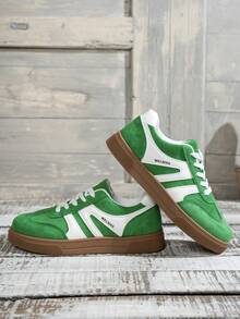 1 paire de chaussures décontractées multifonctions pour femmes, nouvelles chaussures de mode printemps/automne, chaussures plates à lacets, bout rond, semelle en caoutchouc, chaussures de skateboard, noir, blanc, marron, imprimé léopard, bloc de couleurs kaki, chaussures de tous les jours, chaussures décontractées, taille 36-42, chaussures d'entraînement de mode, à porter toute l'année - Vert - Voir 6