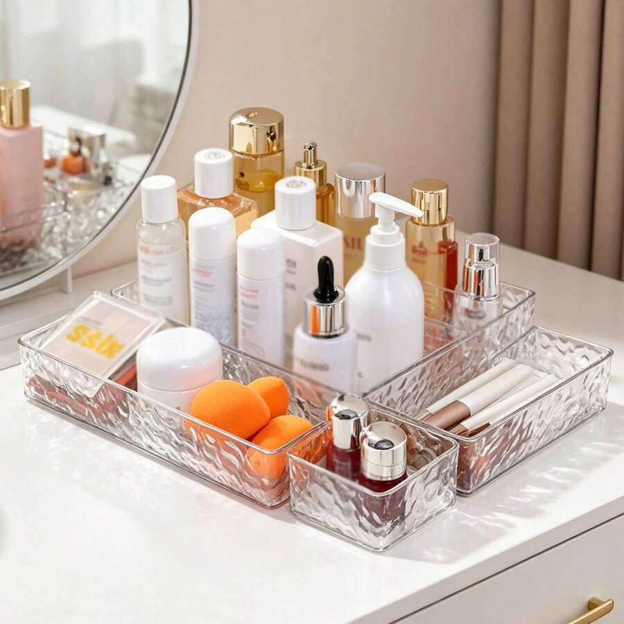 3Pcs Water Ripple Clear Plastic Storage Organizer Set, Divided Multi-Grid Cosmetic Storage Box, Glacier Texture Desktop Vanity Makeup Skincare Lipstick Jewelry Stationery Storage Tray For Bathroom Dresser Countertop - Glacier Pattern - View 1