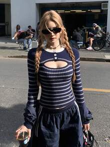 Vintage Casual Color Block Knit Sweater Women Autumn Inner Layer Slimming Long Sleeve Top - Blue - View 1