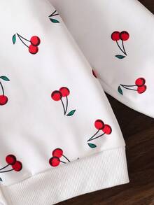 Girls' Autumn White Fruit Pattern Cherry Long Sleeve Cardigan, Cute Simple Ribbed Cuffs, Soft Comfortable Button-Up Top, Spring Style - White - View 5
