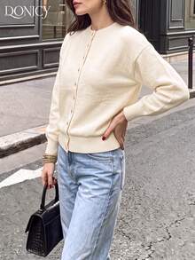 DONICY Women's Cream Crew Neck Single Button Lantern Sleeve Cropped Knit Sweater Cardigan, Soft Layering Sweater Top For Spring Fall Daily Wear - Apricot - View 7