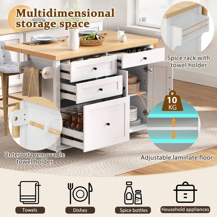 Ilot de cuisine mobile, sur roulettes, rangement mdf, blanc - Multicolore - Voir 1