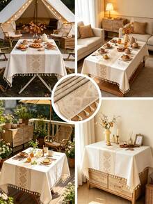 MineLain 1pc Vintage Jacquard Diamond Pattern Tablecloth, Coffee And Beige, Rectangular, Beige Tassel Decoration, Coffee Table, Cabinet, Small Square Table, Small Round Table Runner, Desktop Decoration, Daily Home Decor, Suitable For Country Farmhouse Kitchen, Dining Room, Gathering, Dinner, Party, Wedding, Holiday, Outdoor, Garden, Picnic, Camping Decoration, All Seasons, Autumn Decor - milk coffee color - View 3