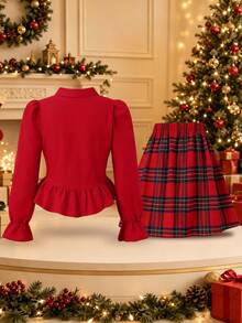 Christmas Girls' Ruffle Long Sleeve Blouse And Plaid Skirt 2 Pieces Set - Red - View 2