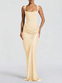 Fitted Long Satin Draped Dress With Tie Back, Elegant Summer Birthday Party Evening Dress - Light Yellow - View 2
