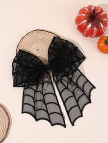1pc Halloween Black Spider Web Embroidered Tulle Long Tail Bow Hair Clip, Cute Hair Clip For Girls, Gift Party Hair Accessory - Multicolor - View 4