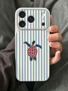 1pc Large Window Lychee Texture Striped Turtle Ocean Style Summer Fresh Color Minimalist Phone Case, White To Lychee Texture, Compatible With 13/14/15/16/17 PRO PROMAX PLUS And More Full Coverage Large Window Phone Case - Multicolor - View 1