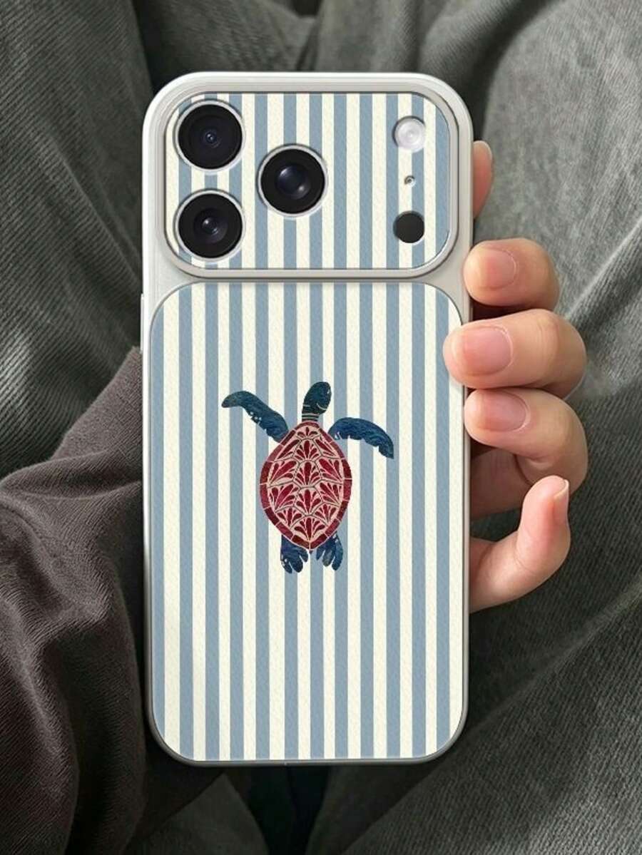 1pc Large Window Lychee Texture Striped Turtle Ocean Style Summer Fresh Color Minimalist Phone Case, White To Lychee Texture, Compatible With 13/14/15/16/17 PRO PROMAX PLUS And More Full Coverage Large Window Phone Case - Multicolor - View 1