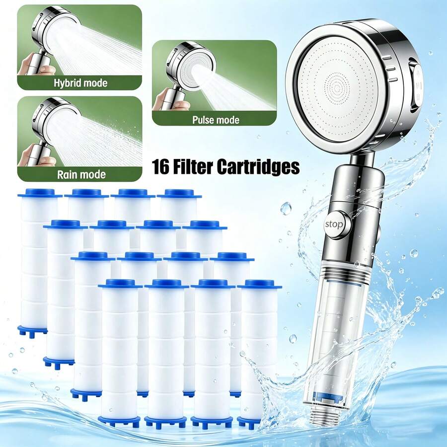 3-Mode Filter Boost Handheld Shower Set|One-Click Stop + 16 Replacement Cartridges|Home Water Purifying Beauty Shower Head|High Flow Bath Sprayer (For Shower Use Only)