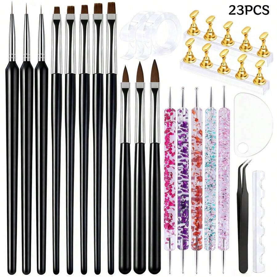 23PCS Nail Art Tool Kit With Various Brushes, Dotting Pens, Nail Display Stands And Accessories, Perfect For Watercolor, Floral And Other Nail Art Styles - Multicolor - View 1
