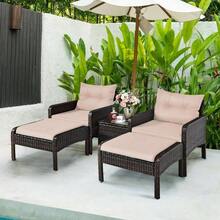 5 Pieces Patio Rattan Sofa Ottoman Furniture Set With Cushions - Beige - View 6