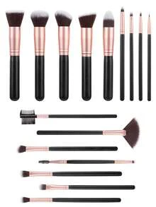 ronshadow 16pcs Black & Gold Makeup Brush Set, Powder Brush, Blush, Contour, Fan Brush, Highlighter, Eyeshadow, Concealer, Brow Brush, Daily Commute, Date, Short Trip, Beginner Full Makeup Tool Set - Black - View 8