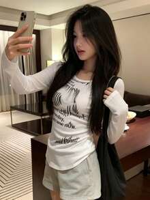Korean Style Distressed Butterfly Print Slim Fit Long Sleeve Base Layer Top For Women Casual White - White - View 6