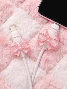 2pcs Cute Pink Bow Cable Protectors, Suitable For Lightning And Type-C Charging Cables - Multicolor - View 1