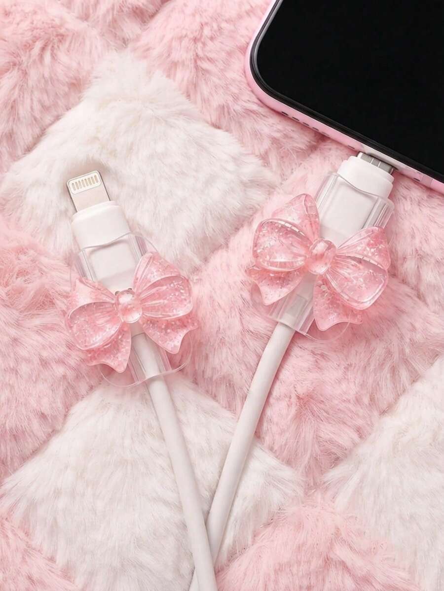 2pcs Cute Pink Bow Cable Protectors, Suitable For Lightning And Type-C Charging Cables - Multicolor - View 1