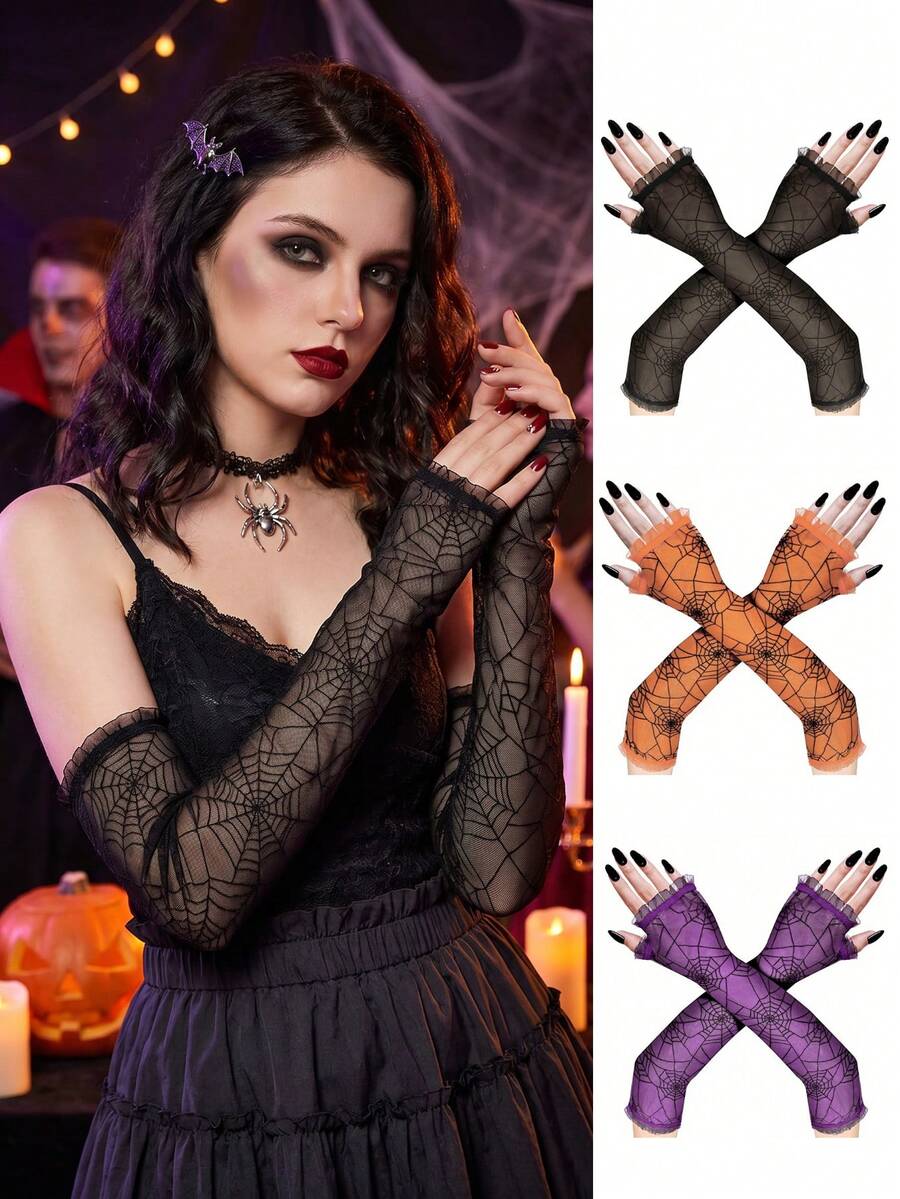 1 par de mangas largas sin dedos de malla de telaraña gótica para mujer, colores negro, naranja y púrpura, guantes de cosplay de bruja de Halloween, accesorios de disfraz de estilo punk oscuro para fiesta, bar, carnaval y atuendo de temática de terror - Guantes de Halloween - Ver 1