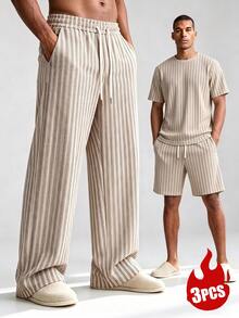 3pcs/Set Men's Crew Neck Short Sleeve T-Shirt And Drawstring Shorts/Pants Casual Loungewear - Light Grey - View 1