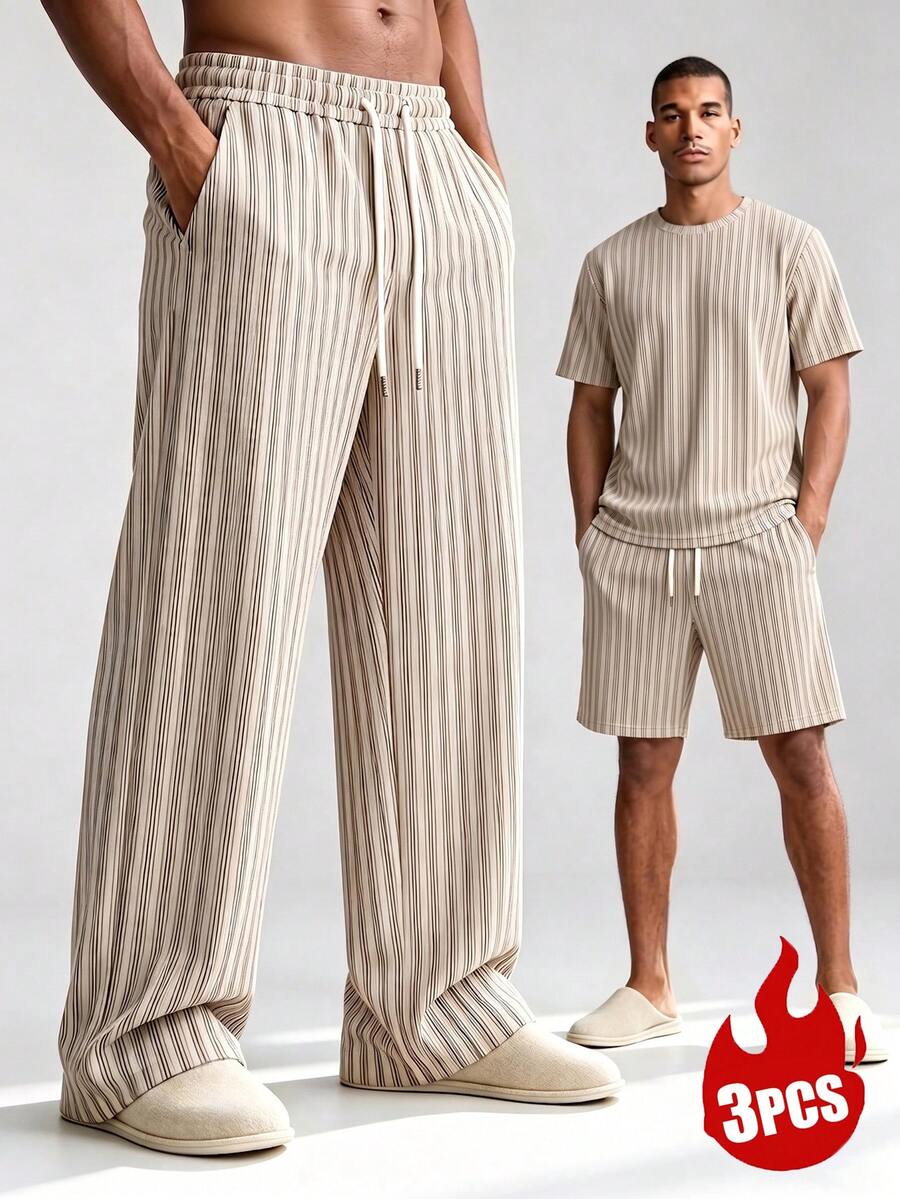 3pcs/Set Men's Crew Neck Short Sleeve T-Shirt And Drawstring Shorts/Pants Casual Loungewear - Light Grey - View 1