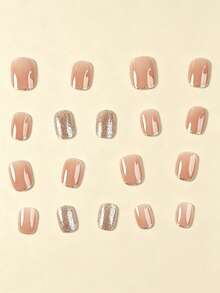24pcs Short Square Sexy Style Pink Semi-Transparent Glamorous Sequin Glitter Design Press-On Nails, Suitable For Party, Dance Or Daily Wear - Baby Pink - View 3