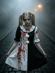 Girls' Casual Horror Vampire Clown Short Sleeve Color Block Dress Costume Outfit Cosplay Halloween Carnival Night - Black and White - View 5