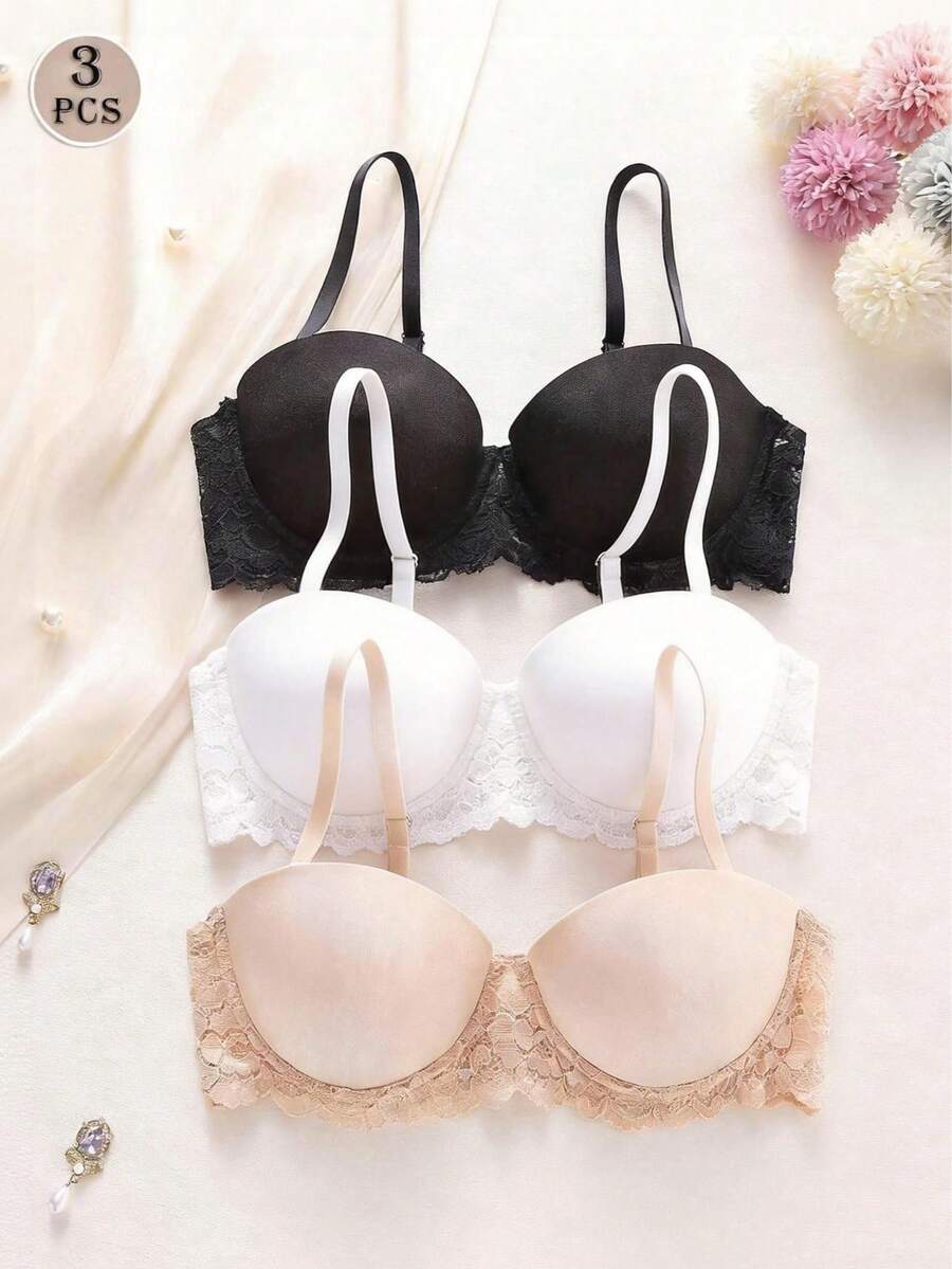 3件套女士时尚蕾丝可拆卸肩带加厚聚拢文胸,舒适可调节 - 彩色 - 查看 1