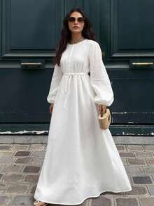 Women's Solid Yellow Belted Maxi Dress, Long Sleeve Flowy A-Line Dress With Tie Waist - White - View 4