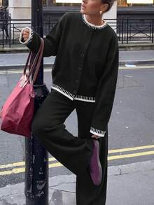 VIBEWAVE Contrast Binding Crew Neck Knit Cardigan Wide Leg Pants 2 Pieces Set, Old Money Style Solid Knit Outfit Fall Winter Casual Commute - Black - View 6