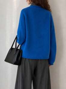 Women's Autumn/Winter Minimalist Style Double Pocket Design Sweater Cardigan Fall - Blue - View 2